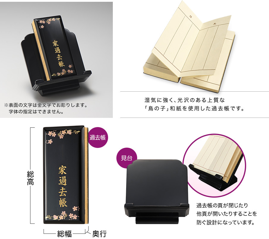 ※表面の文字は金文字でお彫りします。字体の指定はできません。湿気に強く、光沢のある上質な「鳥の子」和紙を使用した過去帳です。過去帳の頁が閉じたり他頁が開いたりすることを防ぐ設計になっています。